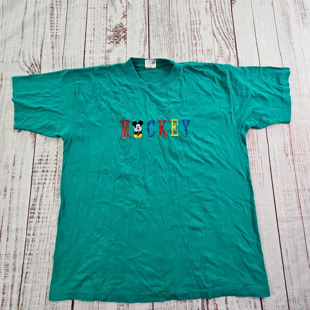 Mickey Mouse Teal Short Sleeve Cotton Embroidered T-Shirt Adult XL